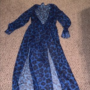 Blue sheer cheetah print bathing suit cover up